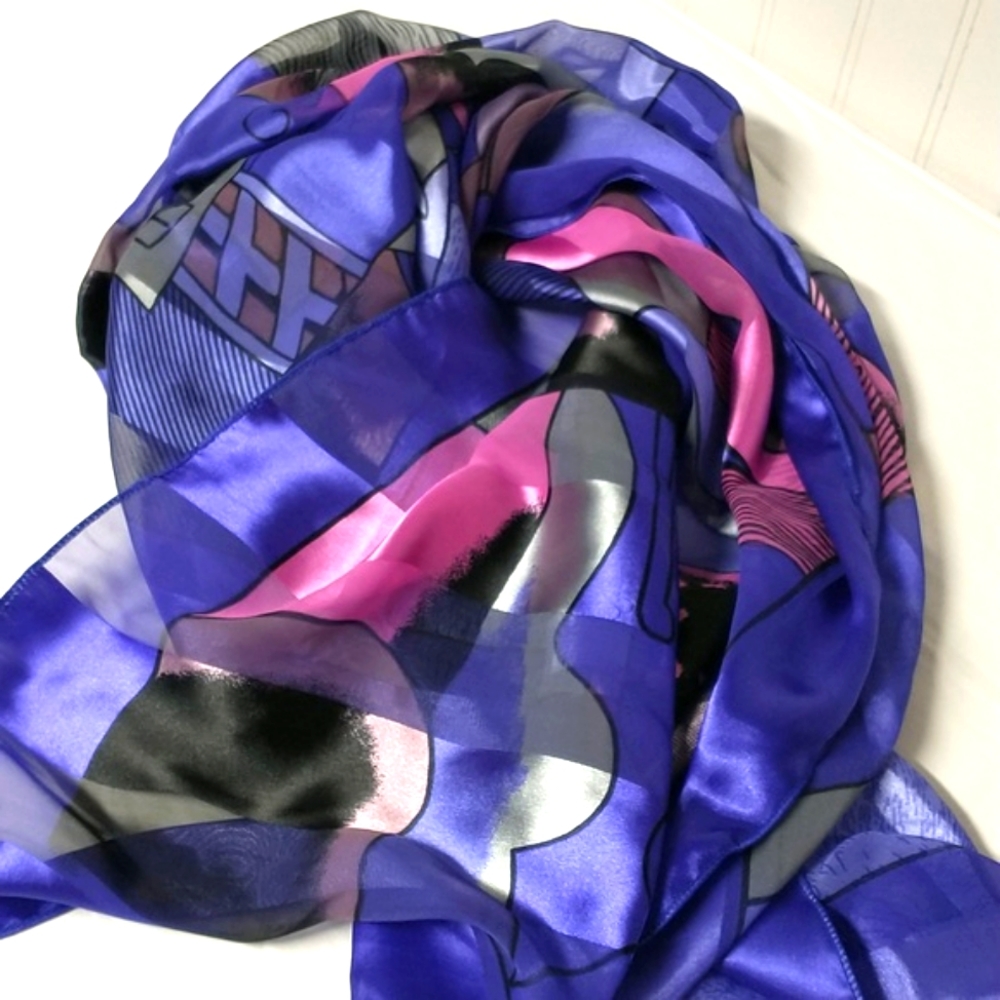 Polyester Picasso Style Portrait Square Scarf Wrap Shades of Blue Purple Pink